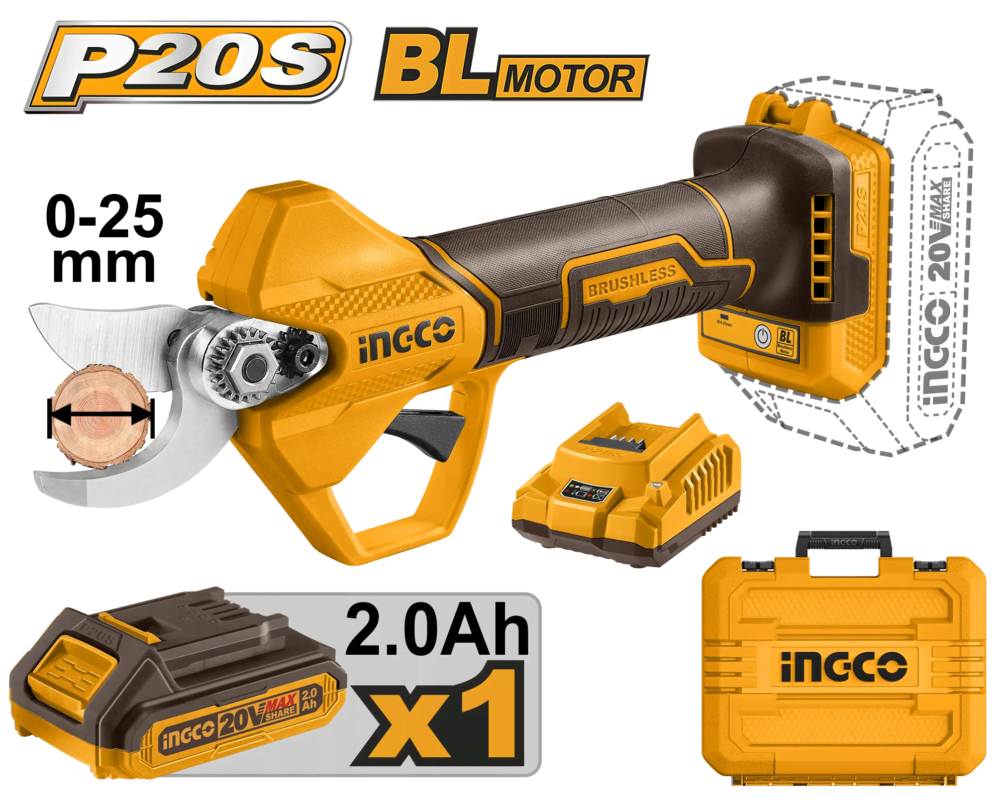 Аккумуляторный секатор INGCO CSSLI202581 INDUSTRIAL 20 В 25 мм 1x2 Ач в Москве-0