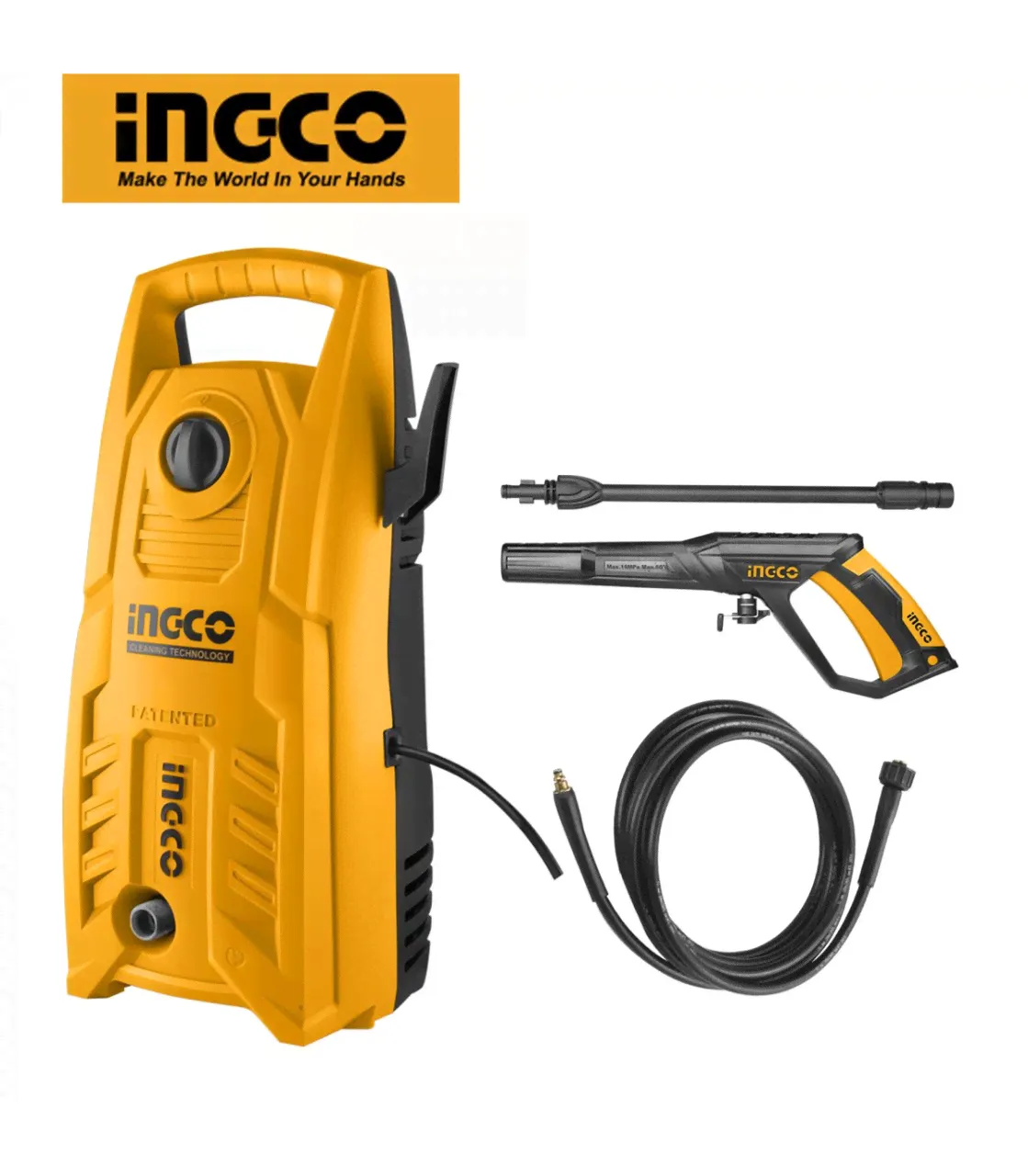 INGCO Мойка высокого давления 1400W/ макс. давление 130 бар./ Расход воды: 5,5л в мин./ пистолет-распылитель, шланг высокого давления 5м-0